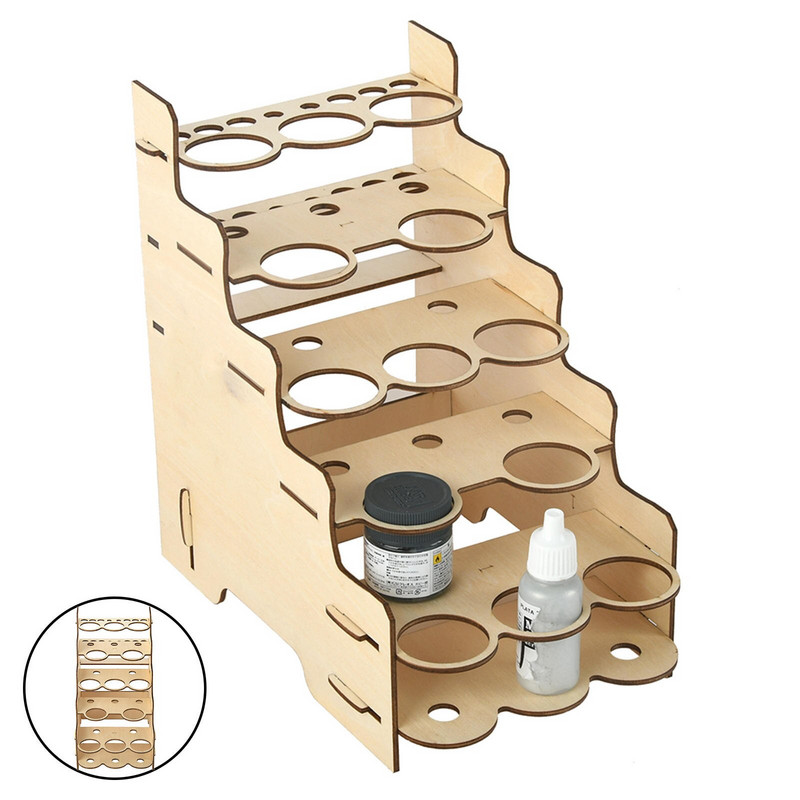 Pagrindiniai rankdarbių dažų ir teptukų laikymo stovas, telpa buteliai ir šepečiai, medžio apdaila