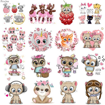 Prajna Cartoon Cat Patch Owl Patches Iron on Patches for Clothes Heart Transfer Patches Θερμικό αυτοκόλλητο σε ρούχα απλικέ
