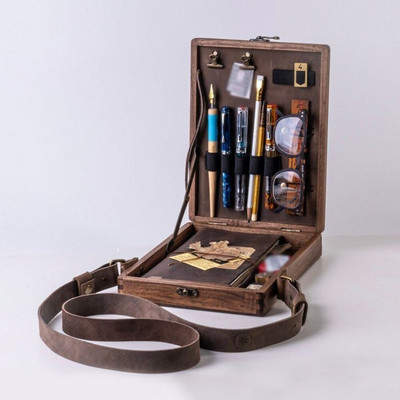 Portable Sketch Satchel Drawing Storage Shoulder Bag Painting Writing Stand Pens Books Holder Retro Wooden Carry Case Art Supply