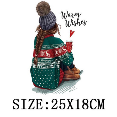 Χριστουγεννιάτικα μπαλώματα για ρούχα DIY Αυτοκόλλητο για μεταφορά θερμότητας πλενόμενο σίδερο σε μπάλωμα Μπλουζάκι με κουκούλα Christmas Girl Deer Απλικέ