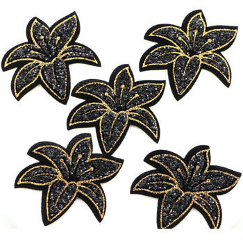 5 τμχ/παρτίδα 6 εκ. Glitter Black Flower Patch DIY Iron On Stickers for Sweater φόρεμα πουκάμισο ράψιμο υφασμάτινο απλικέ Χειροποίητο σήμα