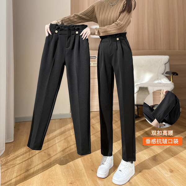 Pantaloni casual dama cu talie inalta cu nasturi