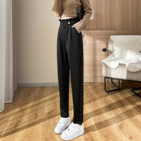 Pantaloni casual dama cu talie inalta cu nasturi