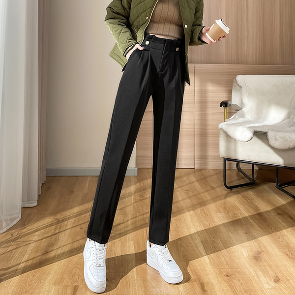 Pantaloni casual dama cu talie inalta cu nasturi