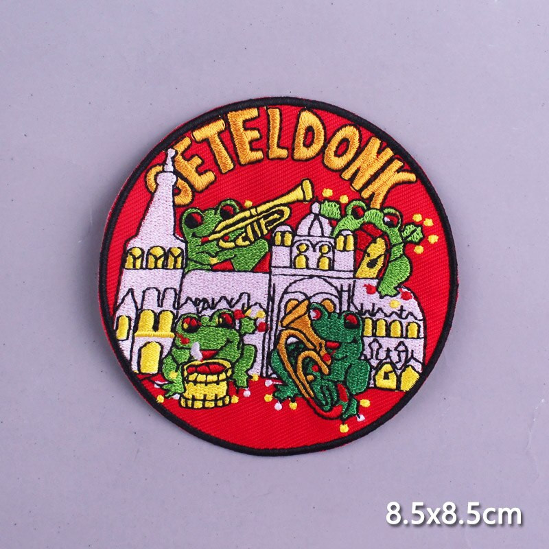 Multifilmi konnaplaaster Oeteldonki embleemplaastrid rõivaste triikimisrakenduste jaoks. DIY Frog Carnival Hollandis triikimisplaastrid