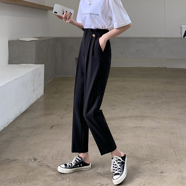 Pantaloni drepti de damă, cu talie înaltă și buzunar