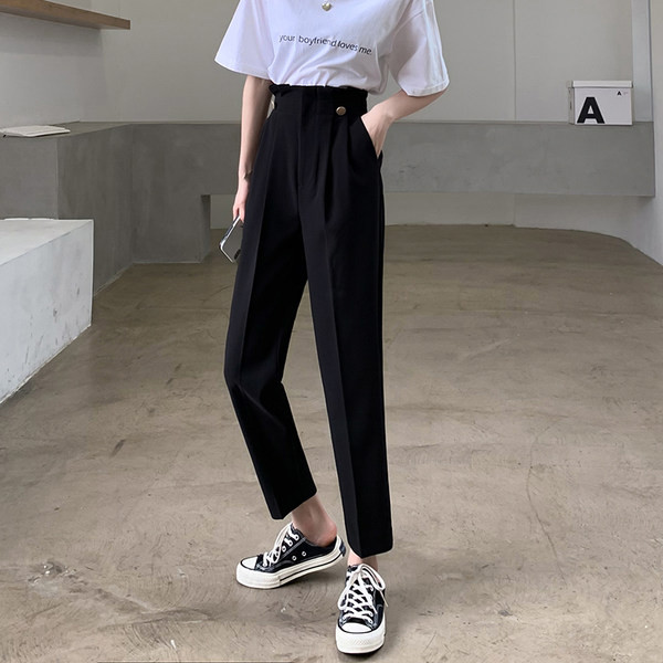 Pantaloni drepti de damă, cu talie înaltă și buzunar