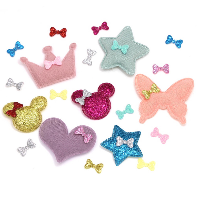 50 tk Säravad vibud, polsterdatud plaastrid, litrid, plaastrid riiete jaoks. sõlme kuju, aplikatsioonid, plaastrid, dekoratiivsed laste juukseklambrid, meisterdamine