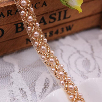 2 jarda Čipka s bisernim perlama Mrežasta čipkasta vrpca Tkanina Dekoracija odjeće Vjenčanica Ovratnik Rukav Čipka Applique DIY Rukotvorine