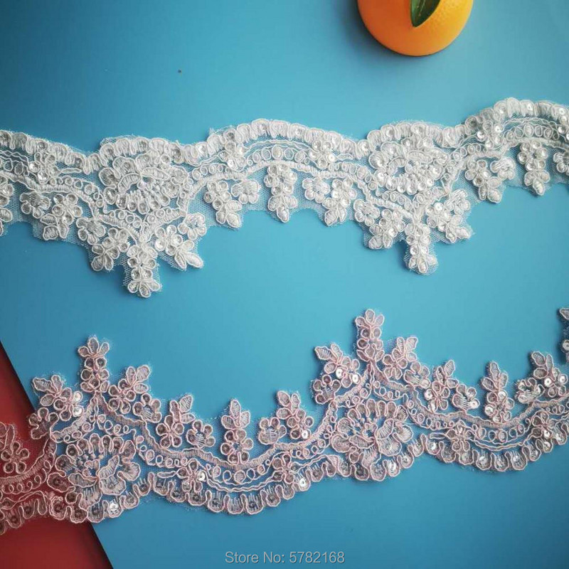 1 jard / 8 cm roosa elevandiluu hõbedane litritega serv, polüester tikandid, pitsliistud pruudi pulmakleidi kostüümikujundusega pitslint