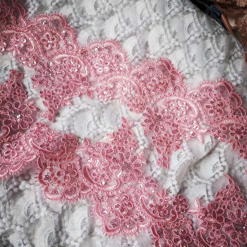 1 Yard 13 cm lățime roz Champange paiete margine poliester broderie dantelă ornamente pentru rochie de mireasă de mireasă design costum panglică dantelă