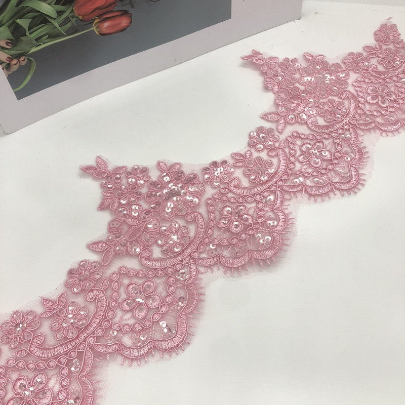 1 Yard 13 cm lățime roz Champange paiete margine poliester broderie dantelă ornamente pentru rochie de mireasă de mireasă design costum panglică dantelă