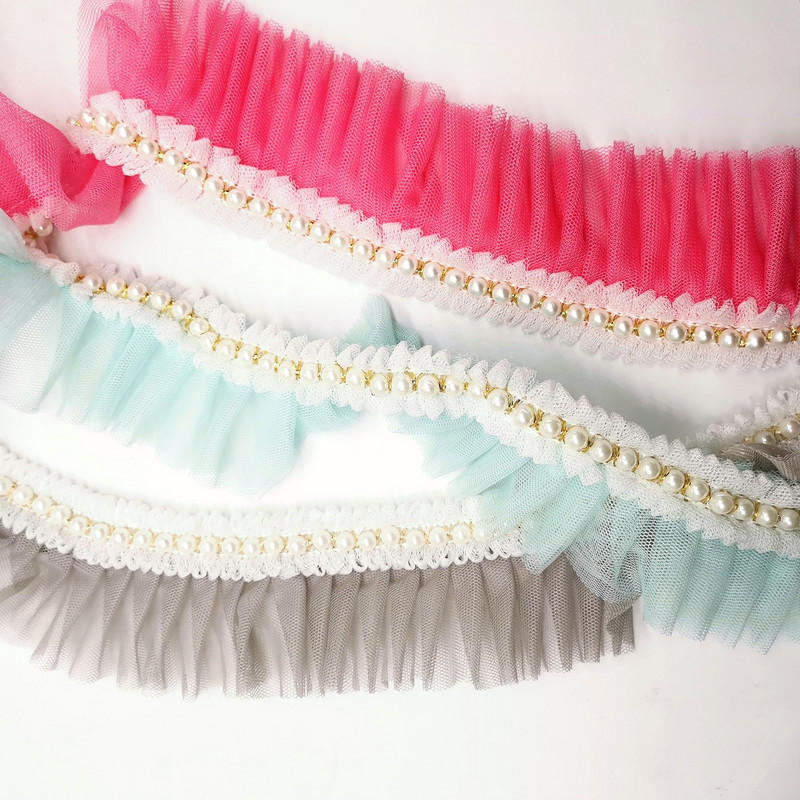 1 Κορδέλα με χάντρες Δαντέλα Πλισέ Διχτυωτή Ζώνη Πλεκτό Σιφόν Λουλούδι Πέρλα Τρισδιάστατα φλοράλ διακοσμητικά 5cm