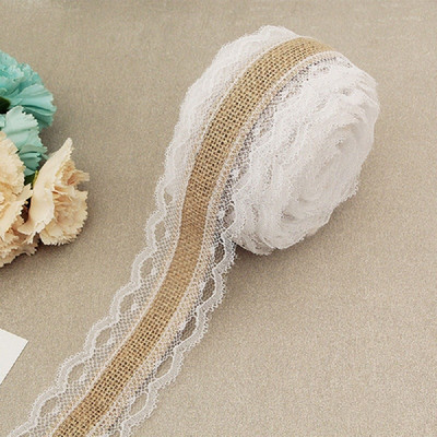 2 metri/lot, 25 mm, iuta naturală, panglică din dantelă hessian, cu margine de dantelă albă, decorațiuni rustice de epocă pentru centru de nuntă