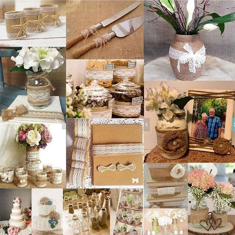 2 metri/lot, 25 mm, iuta naturală, panglică din dantelă hessian, cu margine de dantelă albă, decorațiuni rustice de epocă pentru centru de nuntă