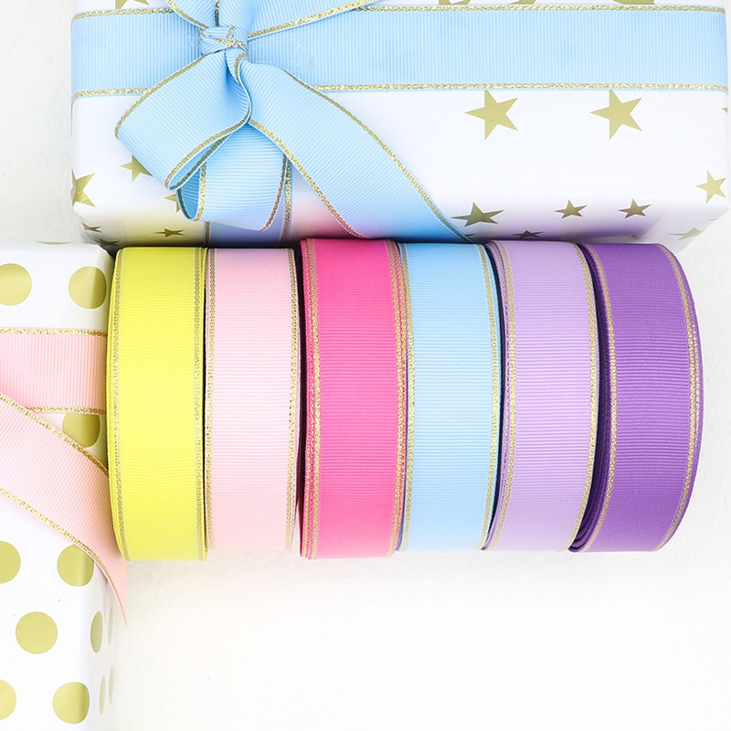 10 Yards 10MM / 25MM / 38MM Glitter Gold Edge Grosgrain Panglică pentru funde de păr / Ambalaj cadou DIY Materiale de decor de Crăciun Y19042101