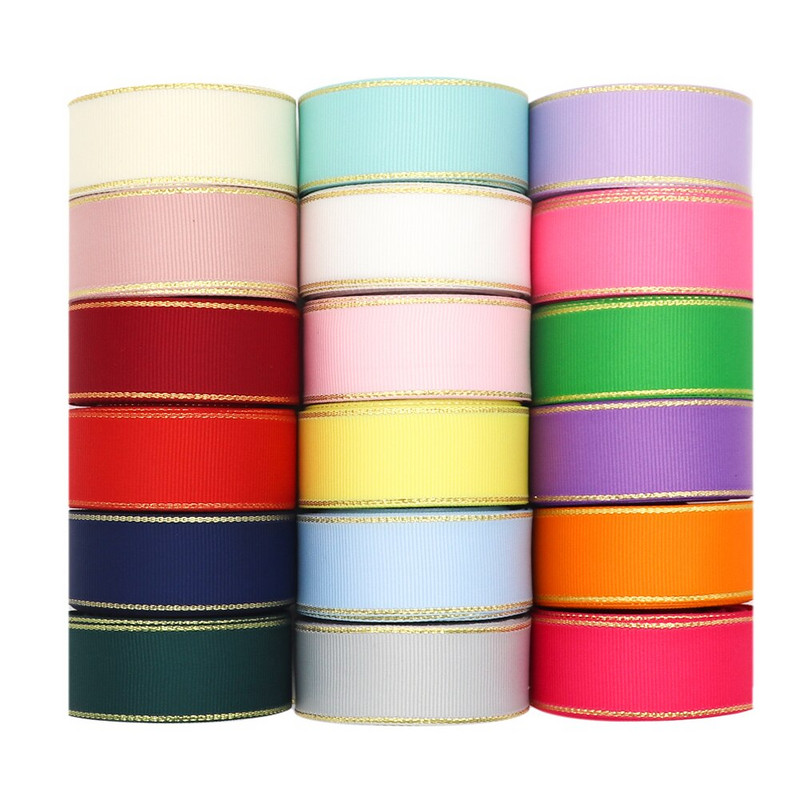 10 Yards 10MM / 25MM / 38MM Glitter Gold Edge Grosgrain Panglică pentru funde de păr / Ambalaj cadou DIY Materiale de decor de Crăciun Y19042101