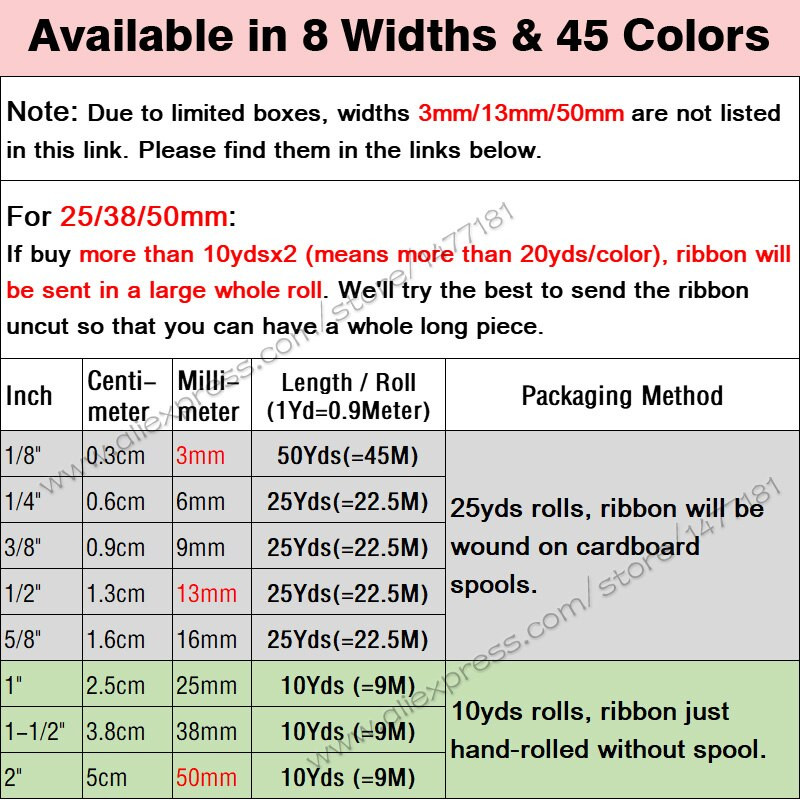 (45Χρώματα) 6mm 9mm 13mm 16mm 25mm 38mm 50mm Σατέν Κορδέλα Διπλό Πρόσωπο Υψηλής Ποιότητας 100% Πολυεστέρας Διπλοί Πλαϊνοί Φιόγκοι Κατασκευή 766232