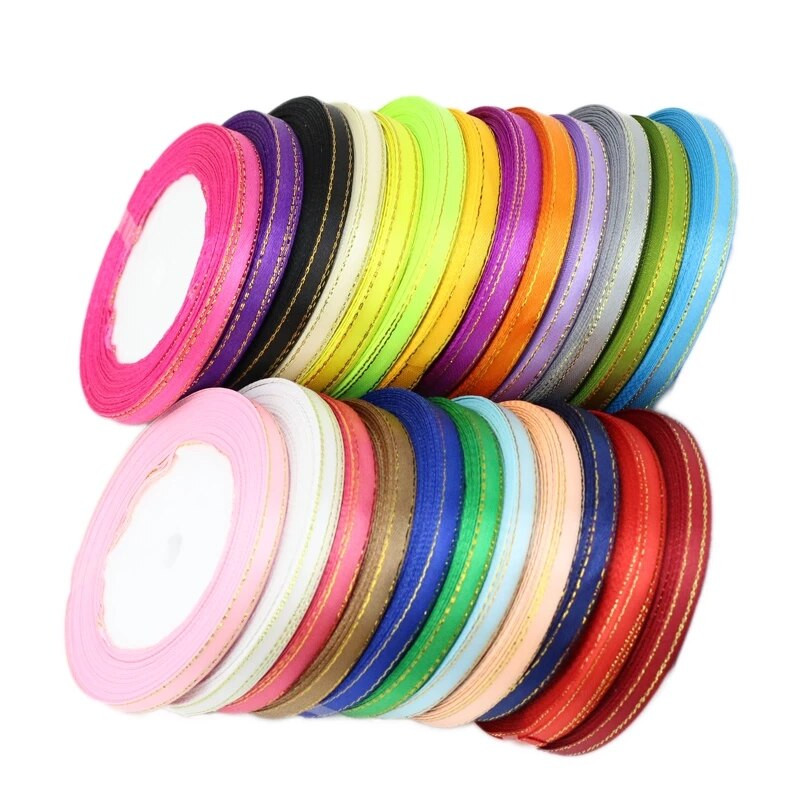 (25 jardi/rola) 6 mm satenska vrpca s jednim licem sa zlatnim rubom Veleprodaja Pakiranje poklona Božićni ukrasi Priručnik DIY Vrpce Tkanina