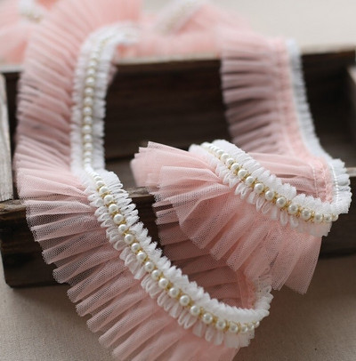 Najnovija veleprodajna cijena 3 metra/lot 6 cm Ružičasta/svijetloplava/bijela/mliječna mreža+Ukrasi s perlama Nabori Čipkasti ukrasi Mrežasti platneni ukrasi X038