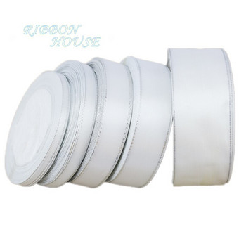 (25 ярда/ролка) Бяла сатенена панделка със сребърен ръб Търговия на едро с висококачествени подаръчни опаковки Коледни панделки (6/10/20/25/40 mm)