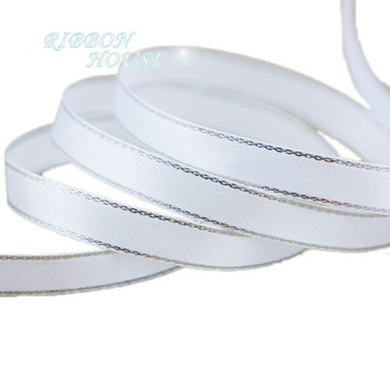 (25 ярда/ролка) Бяла сатенена панделка със сребърен ръб Търговия на едро с висококачествени подаръчни опаковки Коледни панделки (6/10/20/25/40 mm)