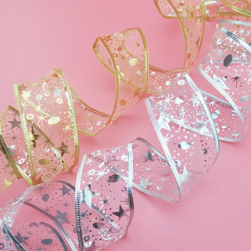 (2 M/ρολό) Γυαλιστερή κορδέλα οργάντζα 50mm Χρυσό/ασημί Συσκευασία δώρου Χριστουγέννων Πτυσσόμενη γραμμή Edge Crafts Χριστουγεννιάτικες κορδέλες γάμου