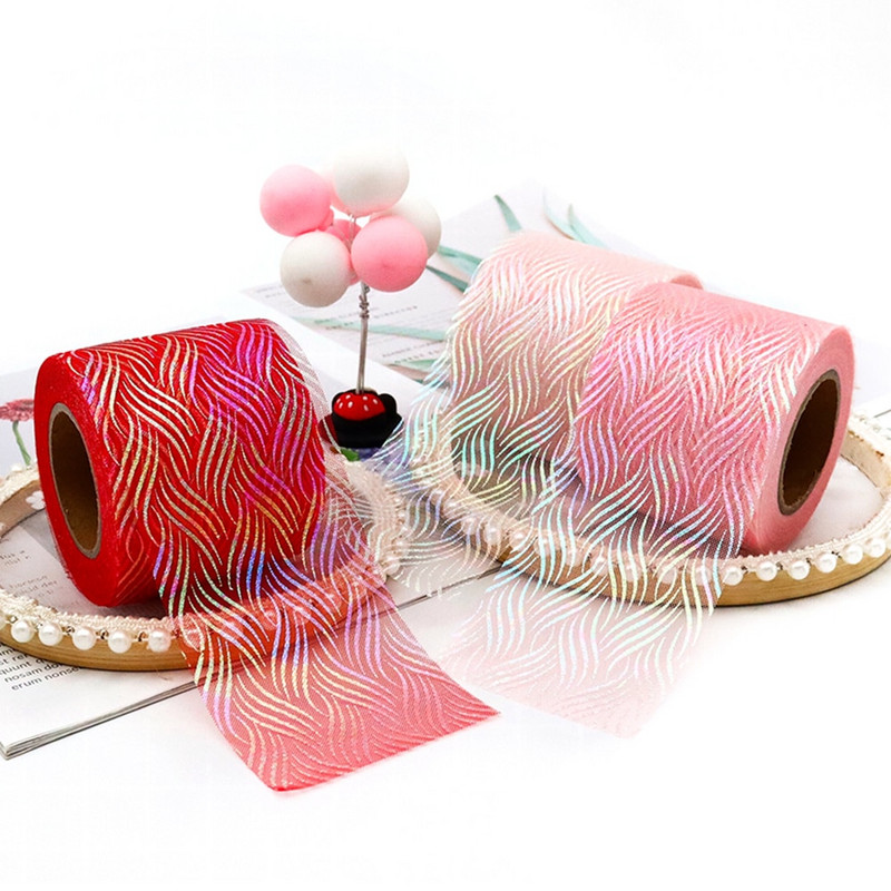 Panglică iluzorie din organza de tul de 6 cm și 25 de metri, bandă de plasă cu model de val de apă, țesătură de culoare iriscentă, bricolaj, agrafe de păr lucrate manual cu fundă