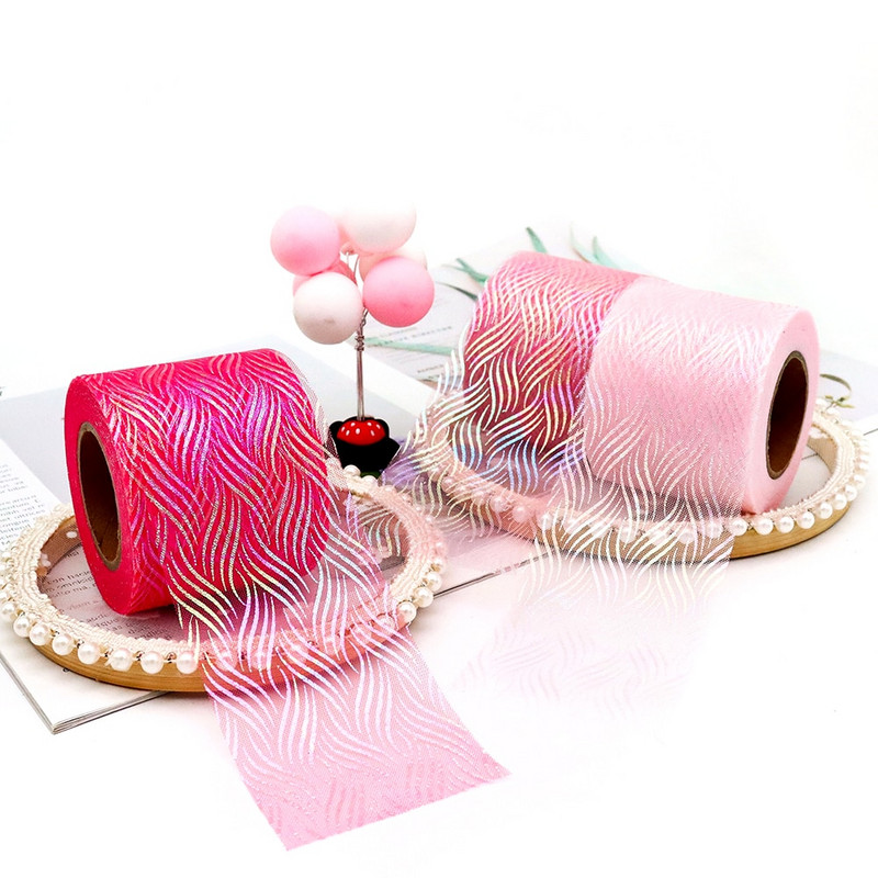 Panglică iluzorie din organza de tul de 6 cm și 25 de metri, bandă de plasă cu model de val de apă, țesătură de culoare iriscentă, bricolaj, agrafe de păr lucrate manual cu fundă
