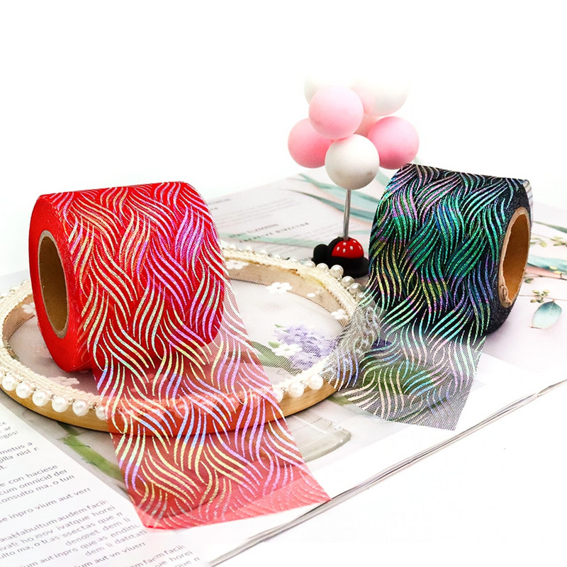 Panglică iluzorie din organza de tul de 6 cm și 25 de metri, bandă de plasă cu model de val de apă, țesătură de culoare iriscentă, bricolaj, agrafe de păr lucrate manual cu fundă