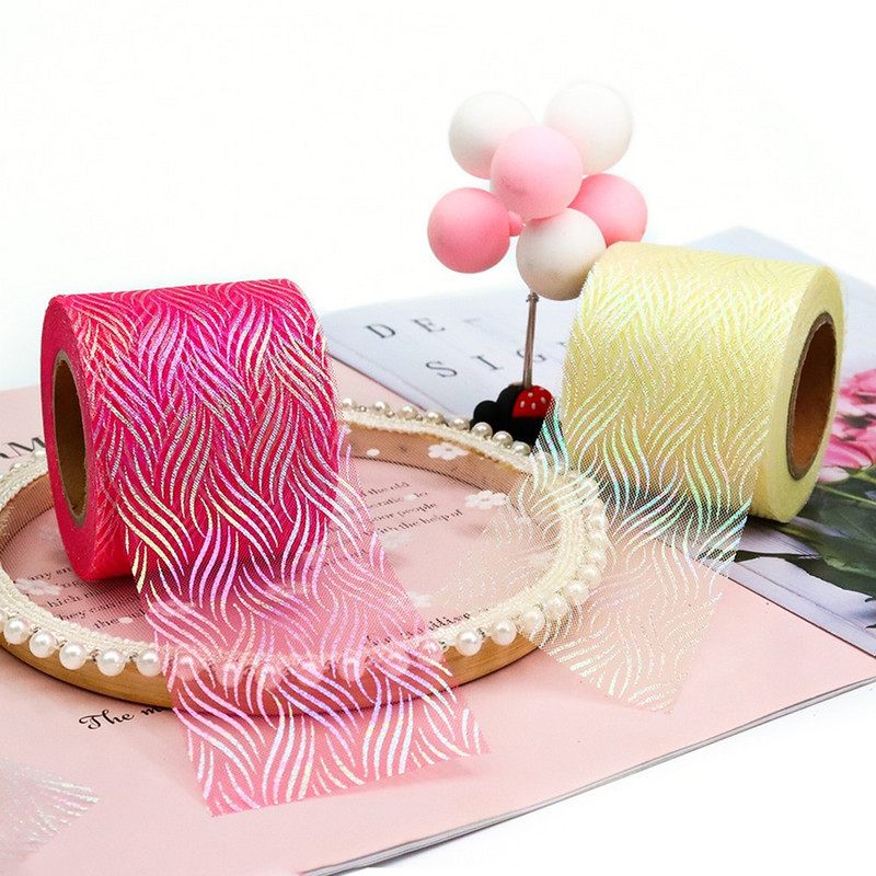 Panglică iluzorie din organza de tul de 6 cm și 25 de metri, bandă de plasă cu model de val de apă, țesătură de culoare iriscentă, bricolaj, agrafe de păr lucrate manual cu fundă