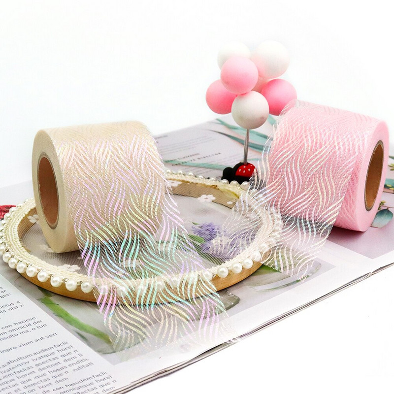 Panglică iluzorie din organza de tul de 6 cm și 25 de metri, bandă de plasă cu model de val de apă, țesătură de culoare iriscentă, bricolaj, agrafe de păr lucrate manual cu fundă