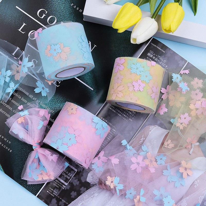 5 γιάρδες 6cm/12cm Rainbow Flower Print Κορδέλες Οργάντζα Διχτυωτές Κορδέλες Δαντέλα τούλι Διακόσμηση γάμου Πακέτο Δώρο DIY Χειροποίητες χειροτεχνίες με φιόγκους