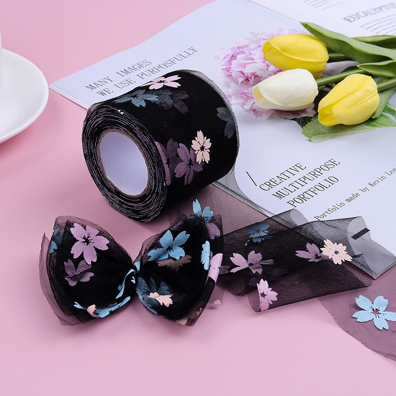 5 γιάρδες 6cm/12cm Rainbow Flower Print Κορδέλες Οργάντζα Διχτυωτές Κορδέλες Δαντέλα τούλι Διακόσμηση γάμου Πακέτο Δώρο DIY Χειροποίητες χειροτεχνίες με φιόγκους