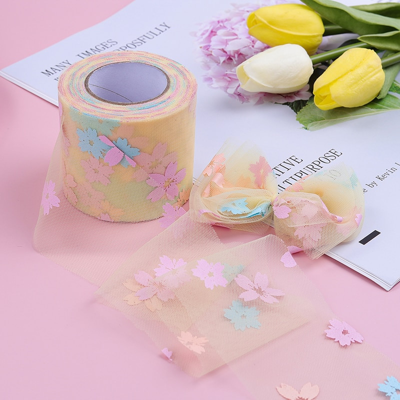 5 γιάρδες 6cm/12cm Rainbow Flower Print Κορδέλες Οργάντζα Διχτυωτές Κορδέλες Δαντέλα τούλι Διακόσμηση γάμου Πακέτο Δώρο DIY Χειροποίητες χειροτεχνίες με φιόγκους