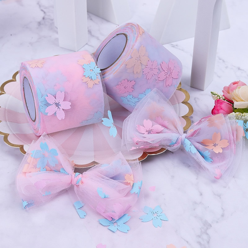 5 γιάρδες 6cm/12cm Rainbow Flower Print Κορδέλες Οργάντζα Διχτυωτές Κορδέλες Δαντέλα τούλι Διακόσμηση γάμου Πακέτο Δώρο DIY Χειροποίητες χειροτεχνίες με φιόγκους