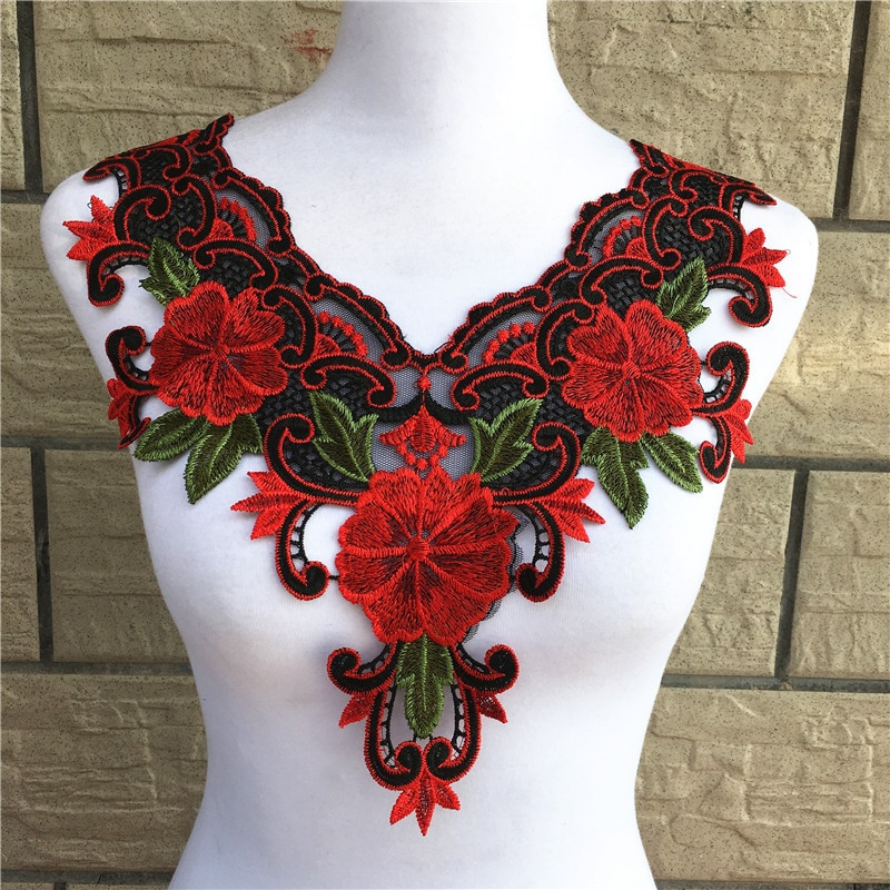 1 buc țesătură din poliester din dantelă pentru guler de flori colorate cu broderie aurie, țesături din dantelă pentru guler lucrate manual pentru cusut meșteșuguri