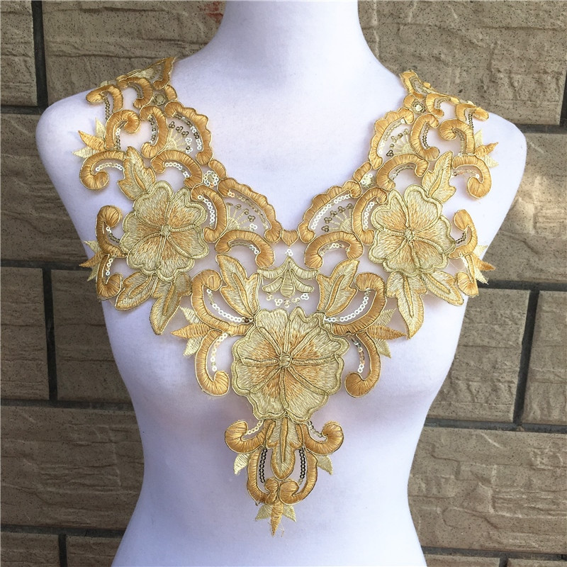 1 buc țesătură din poliester din dantelă pentru guler de flori colorate cu broderie aurie, țesături din dantelă pentru guler lucrate manual pentru cusut meșteșuguri