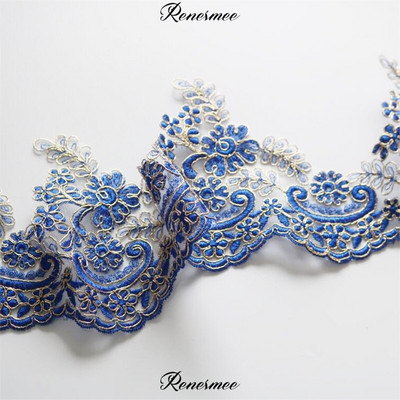 1 Yd Izuzetan zlatni obris Safir Nebesko plava Vez Čipka Obrubljena haljina Kućni tekstil Čipka DIY Ukrasni dodaci 14,5 cm