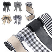 2,5 inchi/6,5 yarzi Grilă alb-negru Panglică cu margine cu fir din pânză de pânză artificială Panglică decorativă pentru împachetare pentru cadouri Ghirlandă cu fundă mare în dungi