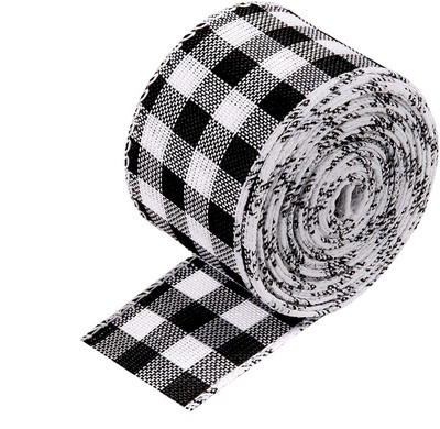 2,5 inchi/6,5 yarzi Grilă alb-negru Panglică cu margine cu fir din pânză de pânză artificială Panglică decorativă pentru împachetare pentru cadouri Ghirlandă cu fundă mare în dungi