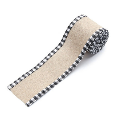 2,5 inchi/6,5 yarzi Grilă alb-negru Panglică cu margine cu fir din pânză de pânză artificială Panglică decorativă pentru împachetare pentru cadouri Ghirlandă cu fundă mare în dungi
