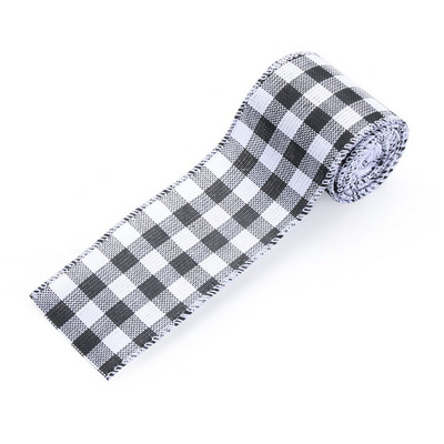 2,5 inchi/6,5 yarzi Grilă alb-negru Panglică cu margine cu fir din pânză de pânză artificială Panglică decorativă pentru împachetare pentru cadouri Ghirlandă cu fundă mare în dungi