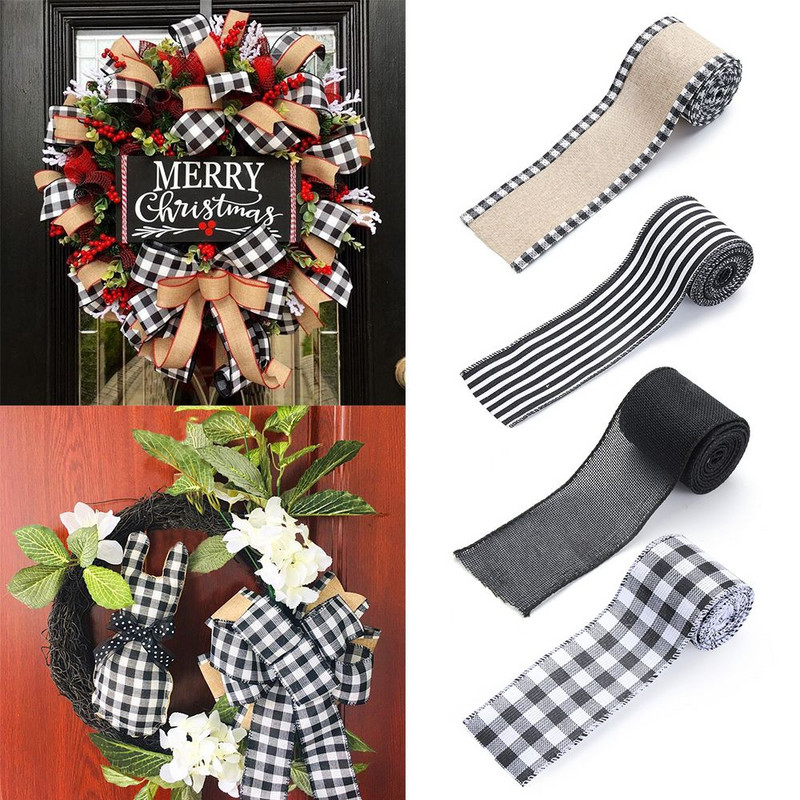 2,5 inchi/6,5 yarzi Grilă alb-negru Panglică cu margine cu fir din pânză de pânză artificială Panglică decorativă pentru împachetare pentru cadouri Ghirlandă cu fundă mare în dungi