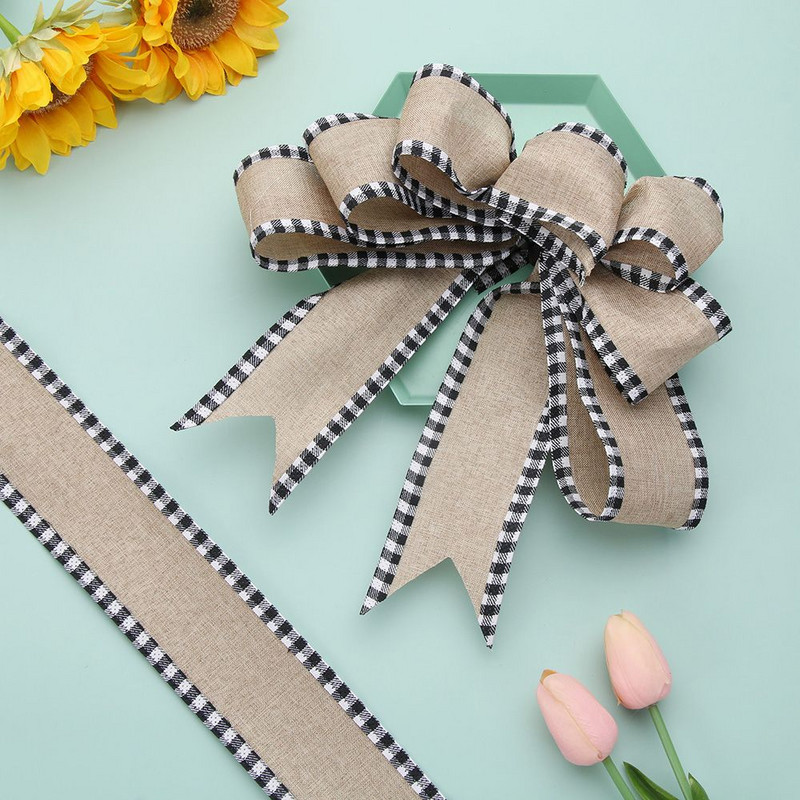 2,5 inchi/6,5 yarzi Grilă alb-negru Panglică cu margine cu fir din pânză de pânză artificială Panglică decorativă pentru împachetare pentru cadouri Ghirlandă cu fundă mare în dungi