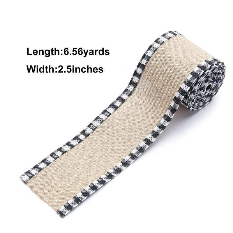 2,5 inchi/6,5 yarzi Grilă alb-negru Panglică cu margine cu fir din pânză de pânză artificială Panglică decorativă pentru împachetare pentru cadouri Ghirlandă cu fundă mare în dungi