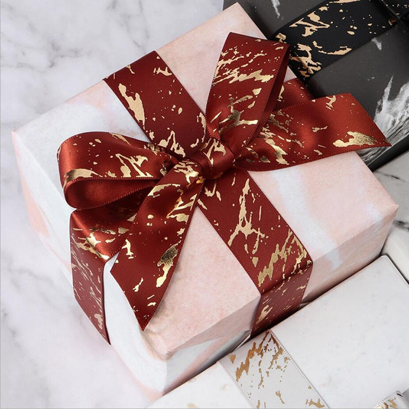 Κορδέλα δώρου 25 χιλιοστών Σατέν μάρμαρο/Χρυσόφυλλο κρακ Τυπωμένο για συσκευασία δώρου Διακόσμηση σπιτιού Χειροποίητο υλικό φιόγκων μαλλιών Κορδέλα DIY Craft