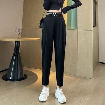 Casual γυναικείο παντελόνι - με ψηλή μέση και επιγραφή