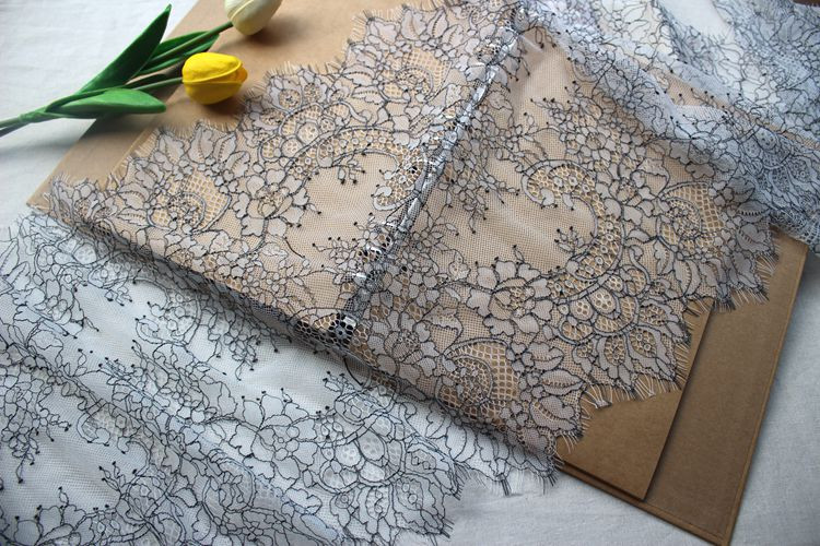 6 meetrit pehme kootud helehall + must ripsmepits kangad 100% nailon aluspesu pits must ja valge kaunistused 35cm laius*300cm