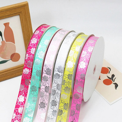 HL 5 Yards 25mm Hot Silver Ribbon Grosgrain Rose Printing DIY Χειροποίητο κουτί δώρου Αξεσουάρ μαλλιών Υλικό Ζώνη συσκευασίας